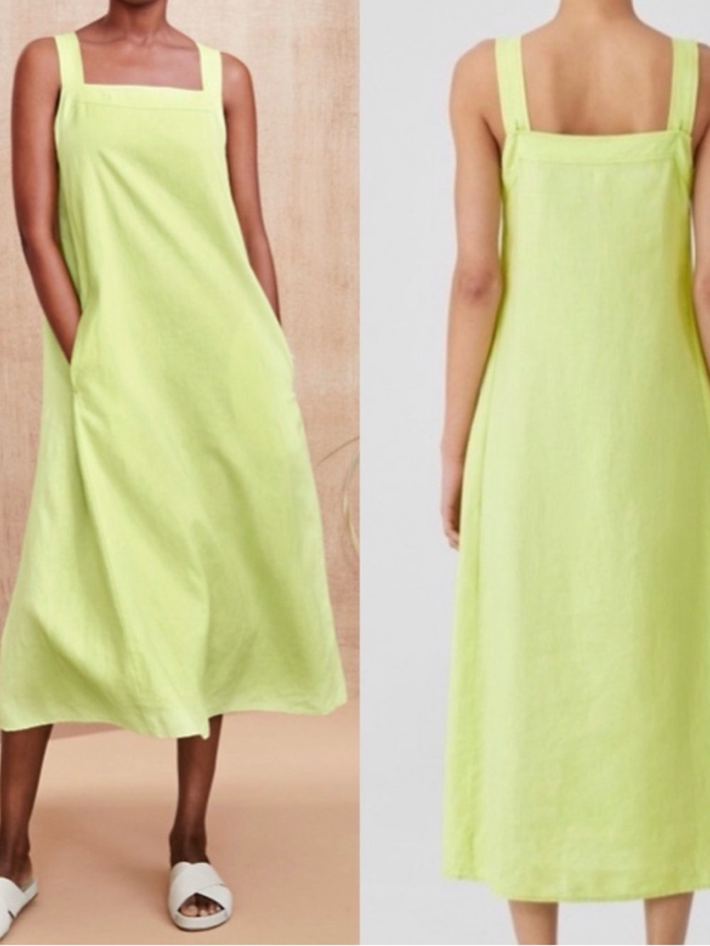 Eileen Fisher Honeydew 100% Organic Linen Sleeveless Square-Neck Midi Dress Sz M